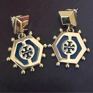 Tory Burch Gold and Blue Hexagon Earrings